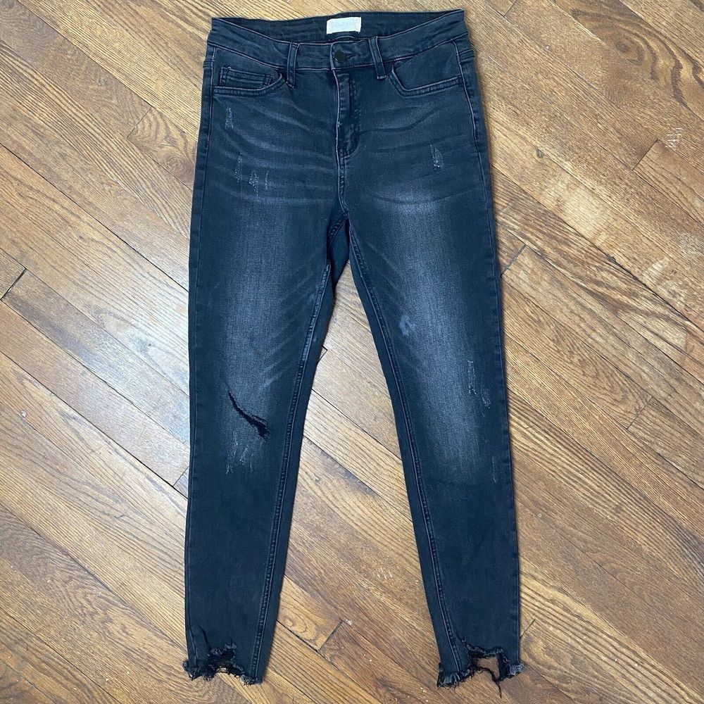 Altar’d State Black Mid Rise Jeans Distressed Cut Off Ankle Skinny Stretch Sz 28